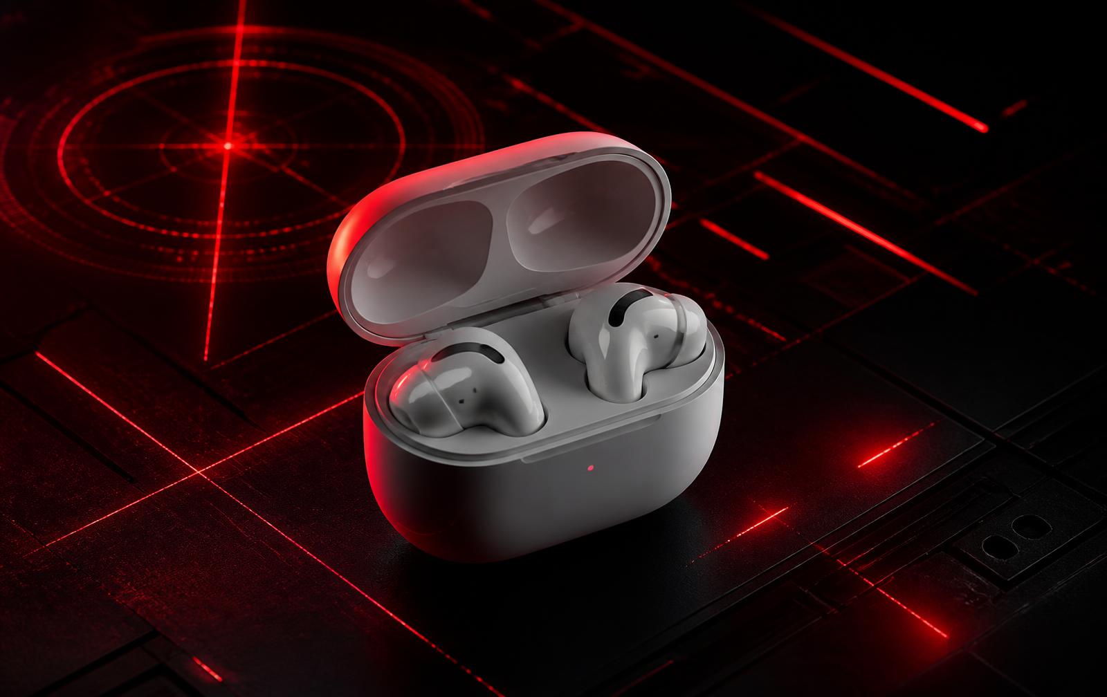 Wireless earbuds in a charging case under red targeting light